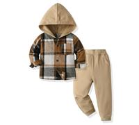 Yanmucy Toddler Baby Boys Clothes Outfit 2PCS Cotton Plaid Boy Hoodies Shirt Tops +Pants Set Little Boys Sweatsuit Suit Kids Tracksuit Spring Fall Winter Clothing Set (Khaki, 5-6 T)
