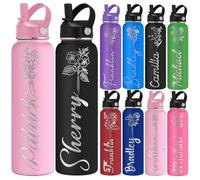 YanNanKe Personalised Water Bottle for Kids Adults with Straw Lid 12 18 24 32 40 oz Custom Birth Flower Water Bottles with Name Engraved Insulated Stainless Steel Sports Water Bottle for School