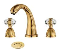 YANNLII Shiny Polished Gold Widespread Waterfall Bathroom Sink Faucet,Two Crystal Handle Three Hole Lavatory Faucet,8-16 Inch Basin Mixer Tap with Pop Up Drain,French Gold