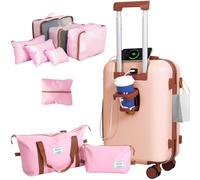 YANQIAO Luggage 10 Piece Set, 20″ Carry On Luggage with Suitcase Organiser, PC+ABS Hard Shell Suitcase, with Spinning Wheels, Suitable for Business Travel, Travel Essentials, Pink, Traveling