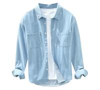 YANQSHM Jeans Shirts for Men Adult Long Sleeve Lapel Button Down Denim Work Shirts Casual Versatile Spring Cotton Tees Tops Lightweight Thin Jacket with Pocket Light Blue L