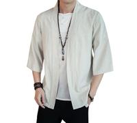 YANQSHM Kimono Cardigan Men, Men's Kimono Cardigan Cotton Linen Open Front Jacket Seven Sleeve Loose Fit Lightweight Casual Summer Japanese Shirt Tops for Daily Dating Holiday White XXL