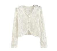 YANQSHM Ladies Cardigan, Women's Summer Cardigan Long Sleeve Open Front Button Hollow Out Crochet Shawl Jacket Sheer Mesh Thin Knit Blouse Tops Casual Cover Up for Daily Wear Dating White S