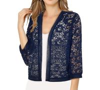 YANQSHM Ladies Cardigan, Women's Summer Shrug Cardigan 3/4 Sleeve Floral Lace Open Front Crochet Shawl Jacket Lightweight Casual Blouse Tops for Daily Dating Beach Dress Cover Up Navy M