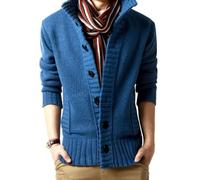 YANQSHM Men's Cardigan Blue, Chunky Cable Knitted Jacket Stylish Vintage Viking Buttons Lightweight Transition Jacket with Ribbed Stand-Up Collar for Autumn and Winter,L