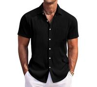 YANQSHM Mens Casual Shirts Short Sleeve Solid Color Stripe Textured Wrinkle Free Summer Beach Shirts Loose Fit Fashion Lapel Button Down Tees Tops with Pocket Black Xs