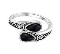 YANQSHM Ring for Women, Black Onyx Ring with Teardrop Cut Gemstone Statement Fidget Band Adjustable Promise Wedding Band Balance Crystal Jewellery Gift for Women Men