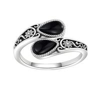 YANQSHM Silver Rings, Black Onyx Ring with Teardrop Cut Gemstone Vintage Fidget Band Adjustable Eternity Engagement Band Balance Crystal Jewellery Gift for Women Men