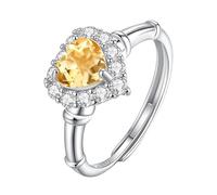 YANQSHM Silver Rings for Women 925, 925 Sterling Silver Heart Rings Vibrant Natural Gemstone Band Adjustable Sparkling Crystal Luxury Promise Engagement Wedding Band for Her Gift Citrine