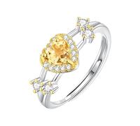 YANQSHM Silver Rings for Women 925, S925 Sterling Silver Gemstone Ring for Women Split Shank Heart Engagement Band Adjustable Radiant Crystal Promise Wedding Band Jewellery Gift Citrine