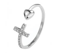 YANQSHM Silver Rings for Women, 925 Sterling Silver Heart Rings Asymmetrical Open Cross Band with Sparkling Zircon Adjustable Dainty Promise Engagement Wedding Band for Her Gift