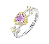 YANQSHM Silver Rings for Women, S925 Sterling Silver Gemstone Ring for Women Split Shank Heart Engagement Band Adjustable Radiant Crystal Promise Wedding Band Jewellery Gift Amethyst