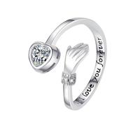 YANQSHM Silver Rings for Women, S925 Sterling Silver Hug Ring Engraved Words Hands Hug Open Engagement Band Adjustable Love Heart Gemstone Promise Wedding Band Jewellery Gift Opal