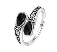 YANQSHM Silver Rings, Natural Stone Ring with Teardrop Cut Gemstone Vintage Floral Fidget Band Adjustable Promise Engagement Band Balance Crystal Jewellery Gift for Women Men Black