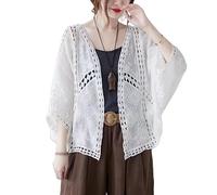 YANQSHM Women's Cardigans, Womens Crochet Shrug Cardigan Cotton Open Front Boho Hollow Out Long Sleeve Shawl Jacket Loose Fit Summer Beach Cover Up Lightweight Casual Blouse Tops White S