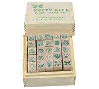 Yansanido 25pcs Mini Cute DIY Diary Wooden Rubber Stamp Set with Wooden Box (Green)