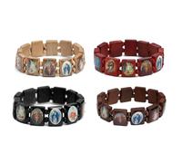 yantu Elastic Strechable Wooden Small Panel Bracelet with Images of Religious Saints, Jesus and Rosary, adjust length, Wood, no gemstone