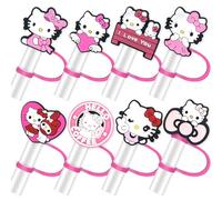 Yanvowes 8Pcs Cartoon Straw Toppers for Stanley, 10mm Straw Cover Caps Compatible with 30&40 Oz Tumbler with Handle, Drinking Straw Covers Cap for Tumbles Cups Accessories (Pink Cat)