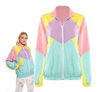 YANVS 80s Costume Adult Patchwork Windbreaker Women Long Sleeve Zip Up Workout Jacket Coat