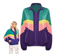 YANVS 80s Costume Adult Patchwork Windbreaker Women Long Sleeve Zip Up Workout Jacket Coat