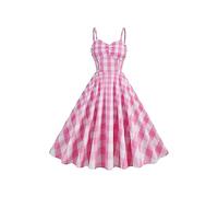 YANVS Adult Doll Movie 2023 Women Costume Halloween Carnival Cosplay Party Retro Pink Plaid Waistband Dress,XX-Large