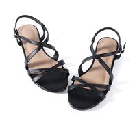 YANWENFANG Women Flat Sandals Adjustable Ankle Strap Roman Gladiator Boho Beach Summer Casual Vacation Goddess Vintage Italian Low Heel Block Festival Leather, Black Ankle Strap, 4.5 UK