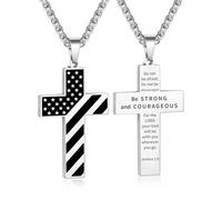 Yanxyad American Flag Cross Necklace Stainless Steel Bible Verse Pendant Men Military Religious Jewelry Gift 20+3 Inch Chain, M, Stainless Steel, No Gemstone