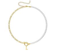 Yanxyad Pearl Initial Necklaces for Women 18K Gold Stainless Steel Letter A-Z Pendant Figaro Chain 16+3 Inch Jewelry Gift for Her, M, Stainless Steel, No Gemstone