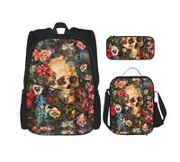 YANYU Floral Skull Print Pencil Case Lightweight Casual Fashion Backpack Lunch Bag Large Capacity Travel Bag, Black, One Size, Black, One Size