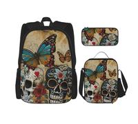 YANYU Sugar Skulls Butterfly Print Pencil Case Lightweight Casual Fashion Backpack Lunch Bag Large Capacity Travel Bag, Black, One Size, Black, One Size