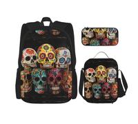 YANYU Sugar Skulls Print Pencil Case Lightweight Casual Fashion Backpack Lunch Bag Large Capacity Travel Bag, Black, One Size, Black, One Size