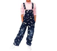 Yao 5-12 Years Girl's Jumpsuit and Rompers Big Kids Bib Overalls Blue Printed Denim Trousers (Flower,10-11Years)