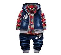 Yao Spring Autumn Little Boys 3pcs Clothing Set Cotton Shirt Jeans Denim Vest(Red,3-4Y)