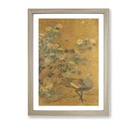 Yao Tingmei Oriental Peacock And Hollycock Asian Japanese Framed Print | A2 Oak Framed Wall Art | Ready to Hang | Asian Animal Picture | Living Room Bedroom Lounge Office