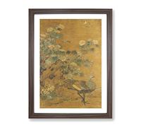 Yao Tingmei Oriental Peacock And Hollycock Asian Japanese Framed Print | A4 Walnut Framed Wall Art | Ready to Hang | Asian Animal Picture | Living Room Bedroom Lounge Office
