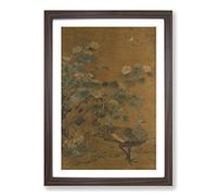 Yao Tingmei Oriental Peacock and Hollycock Framed Print | A2 Walnut Framed Wall Art | Ready to Hang | Modern Animal Picture | Living Room Bedroom Lounge Office