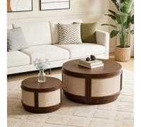 YAOBAO Round Nesting Coffee Table Set of 2, Modern Circle Drum Side Tables with Sackcloth Finish, Space Saving for Living Room Small Spaces Apartment Office, No Assembly
