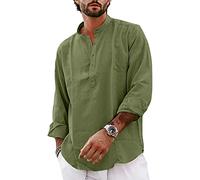 YAOBAOLE Cotton Grandad Shirts for Men UK Men's Casual Long Sleeve Shirts Button Down Henley Shirt Army Green L