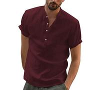 YAOBAOLE Men Short Sleeve Linen Shirts for Men Casual Beach Hippie Tee Casual Shirt Wine Red L