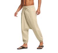 YAOBAOLE Men's Khaki Linen-Cotton Blend Harem Pants, Size 32, Low Rise, Wide Leg, Pull On Closure, Adult, Men, Casual, Beachgoers