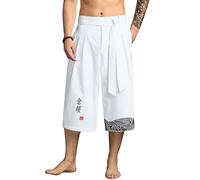 YAOBAOLE Three Quarter Length Trousers Men Linen Shorts with Pocket Baggy Shorts Men White L