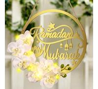 Yaocom 11.8 Inch Eid Mubarak Wreath Metal Ramadan Door Wreath Decorations with LED Light Artificial Metal Hoop Floral Hanging Garland Islam Muslim Spring Hanging Decor for Front Door Home (Orchid)