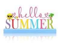 Yaocom 11.81 Inch Summer Table Sign Hello Summer Metal Letter Decor Freestanding Tabletop Decoration with Wooden Base Cutout Word Sign for Home Tiered Tray Centerpiece Mantel Shelf Fireplace