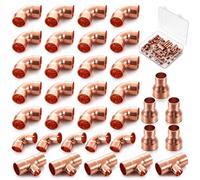 Yaocom 35 Pieces 3/4" to 1/2" Copper Pipe Branch Installation Kit, Heavy Duty 3/4 Brass Tee with 3/4 to 1/2 Reducer and 1/2" 90 Degree Elbows, Lead-free Copper Fittings Combo for Plumbing Repair