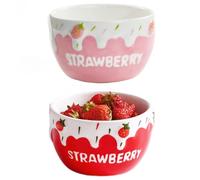 yaocoral 2 Pack 16 OZ Large Ceramic Candy Bowl Strawberry Candy Dish Cute Ceramic Bowls for Dessert,Snack,Fruit,Yogurt,Cereal,Ice Cream,Salad,Soup,Microwave Safe
