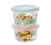 yaocoral 2 Pack 4 OZ Small Square Glass Containers with Lids, Floral Food Jars Airtight Glass Food Container for Sauce,Snack,Yogurt,Dressing,Dip,Dessert,Freezer Microwave Safe