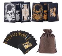 yaocoral 2 Pack Skull Playing Cards Black Poker Cards Waterproof Plastic Black Foil Playing Cards Highly Flexible,2 Decks of Cards with Bag (Gold Silver)