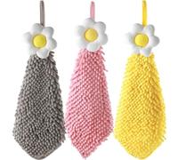 yaocoral 3 Pack Chenille Hand Towels,Kitchen Hand Towels Hanging,Hand Towels with Loops,Bathroom Hand Towels,Quick Dry Hand Bath Towel,Soft Absorbent Flower Hand Towels (Grey Pink Yellow)