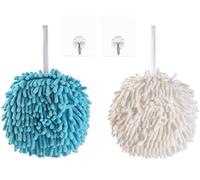 yaocoral Chenille Hand Towel,Hanging Hand Towels for Bathroom,Kitchen Hand Towels with Hanging Loops,Fuzzy Hand Towel Ball Quick Dry,Set of 2(White+Blue)