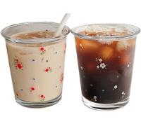 yaocoral Set of 2 12 OZ Cute Clear Glass Coffee Cup Floral Drinking Glasses Stackable Glass Cups for Juice,Iced Coffee,Milk,Tea,Dessert,Flower Teacups Glassware Drinkware Set (red white)